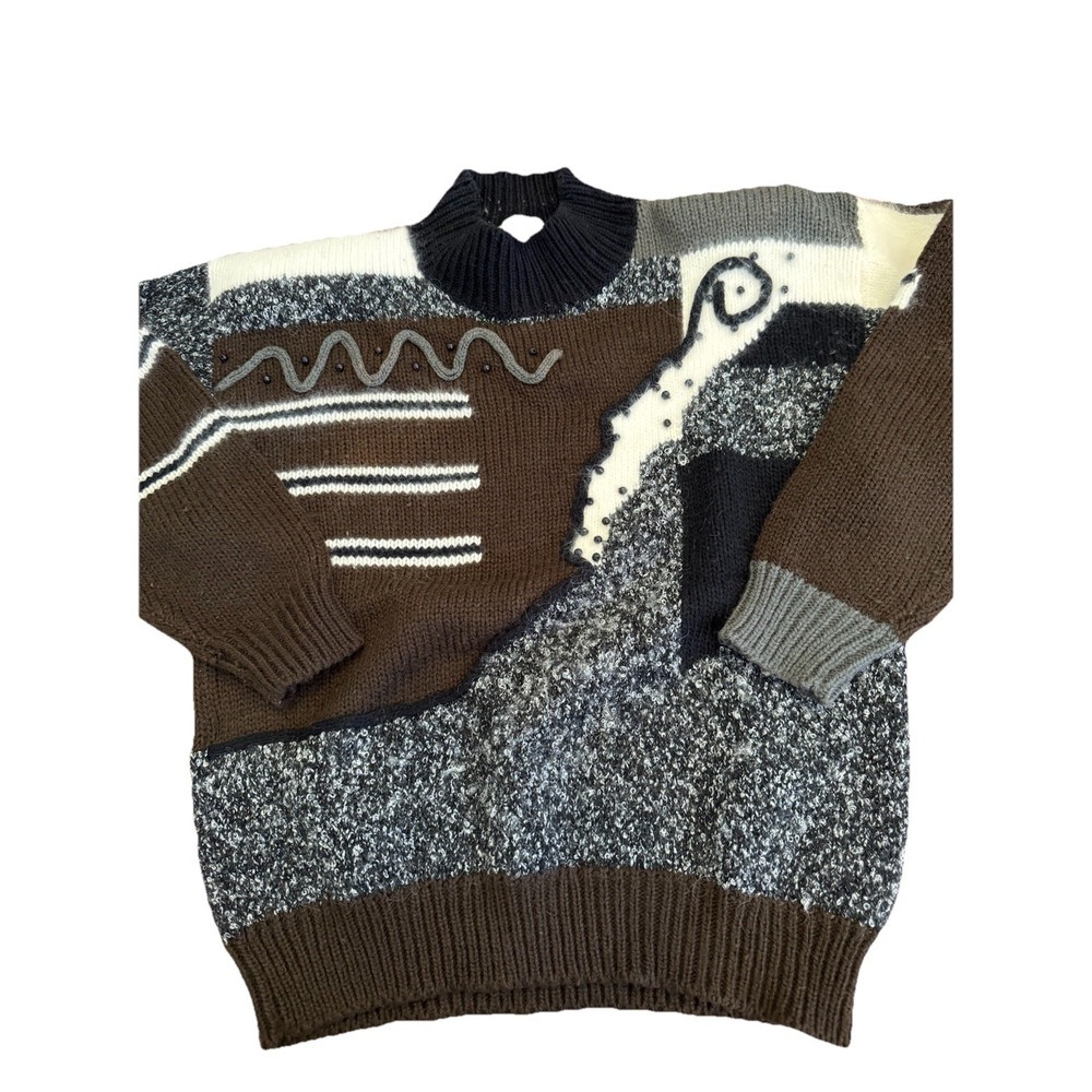 VTG Angora Wool Sweater 80s New Wave Geometric Color Block Funky Abstract Large